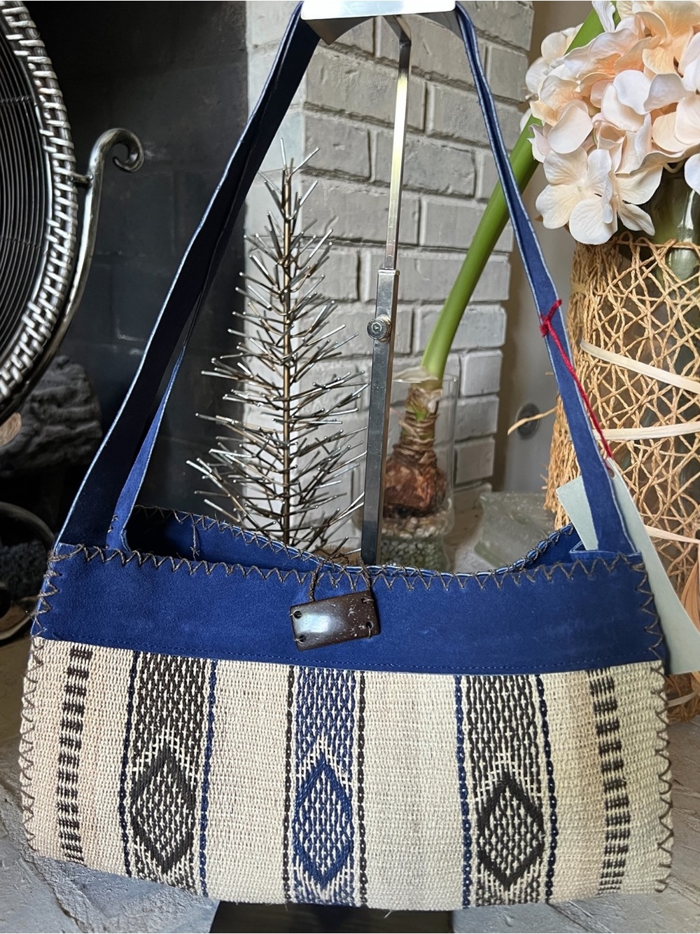 Del Sur Handwoven Tribal Geometric Suede Boho Shoulder Tote Bag Blue Cream NEW